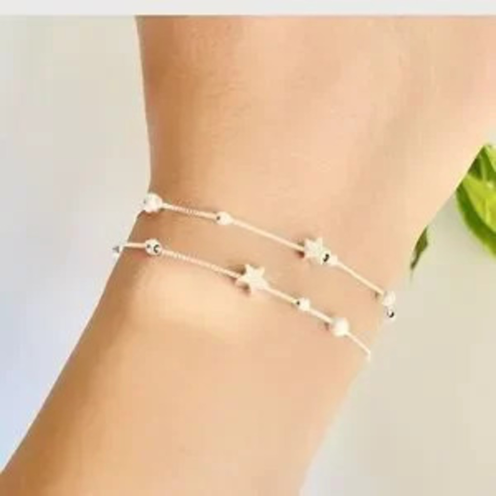 925 Sterling Silver Double Star and Bead Charm Bracelet